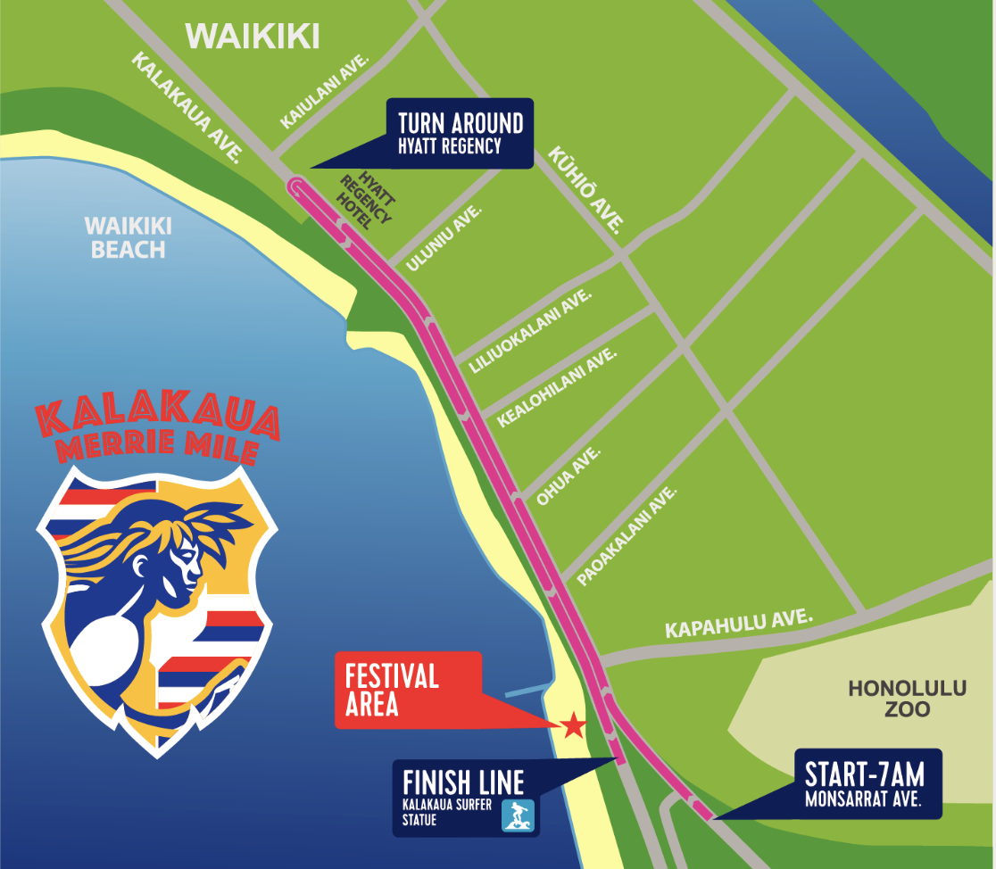 Official Kalakaua Merrie Mile course map: the one-mile out-and-back route down Kalakaua Avenue in Waikiki, from Monsarrat Avenue to the Hyatt Regency turnaround and back to the Surfer Statue finish