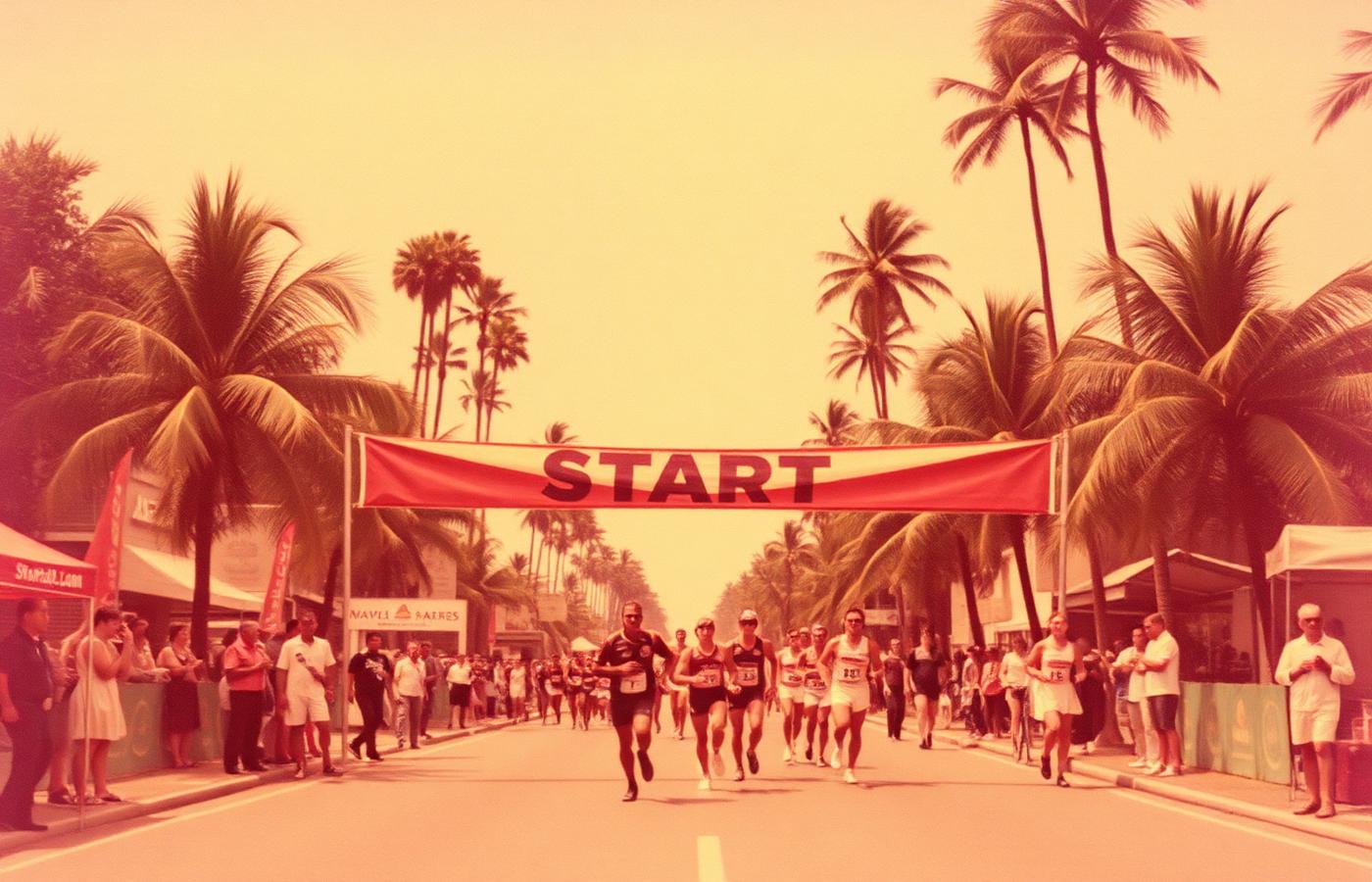 Vintage-style image of a 1970s road race start line in Hawaii